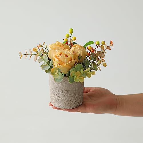 Artificial Burnt Yellow Rose Potted Plant, Mini Faux Floral Decor - color: Burnt Yellow