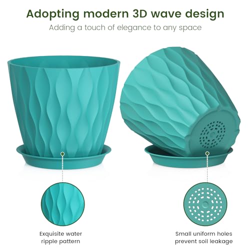 Meowell 7 inch Plant Pots for Indoor Outdoor Plants, 5 Pack Thick Flower Pots with Drainage Holes and Saucers, 3D Modern Wave Texture Plastic Planter Pots for Nursery and House Plants, Blue Green - color: Blue Green, size: 7 inch 5 pieces