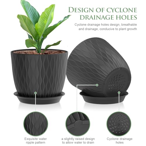 WSMKSZ 7 inch Plant Pots, 5 Pack Flower Pots with Drainage Holes and Saucers for Indoor Plants, Plastic Planters with Water Ripple for Small Garden House Plants, Nursery Pots for Succulent, Black - color: Black, size: 7inch 5pcs