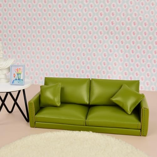 1:12 Dollhouse Leather Double Sofa&Pillows, Living Room Accessories Decor - color: Pink