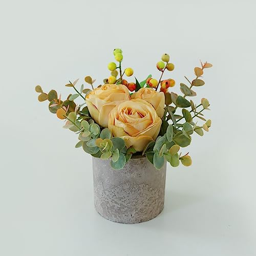 Artificial Burnt Yellow Rose Potted Plant, Mini Faux Floral Decor - color: Burnt Yellow