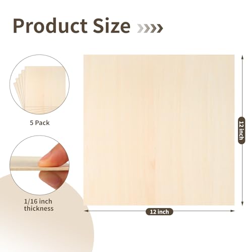 Balsa Wood, Plywood Sheet, Unfinished Basswood Blanks, 12×12×1/16 in, 5 Pcs - size: 5 Pack -12X12X1/16 Inch