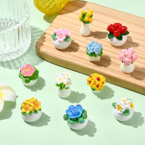 Stiesy 22 Pcs Resin Flower Pot Miniatures Ornaments 11 Styles Mini Plant Decor for Succulent Arrangement Tabletop Micro Landscape Display Home Office Accent - color: Flower Plant-22pcs