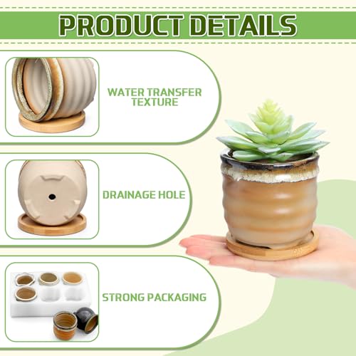 Remerry 12 Pcs Ceramic Succulent Pots with Drainage 3.5 Inch Bamboo Tray - size: 3.5 Inch