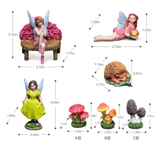Fairy Garden Figurines Set of 6-3 Mini Fairies with 2 Mushrooms & Hedgehog, Resin Miniature Figurines for Fairy Garden Decor, Outdoor Garden Statues, DIY Terrarium Accessories - color: 6pc