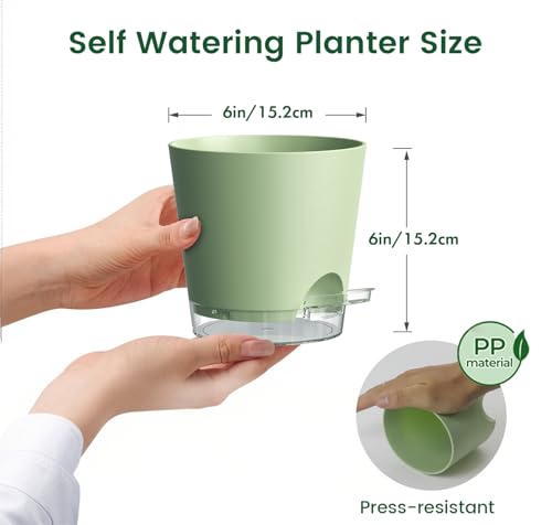 Meowell 6 inch Self Watering Pots for Indoor Outdoor Plants, 6 Pack Flower Plant Pots with Drainage Holes and Clear Reservoirs, Visible Water Level, Plastic Planters with Wicking Rope, Green - color: Green, size: 6in 6pcs