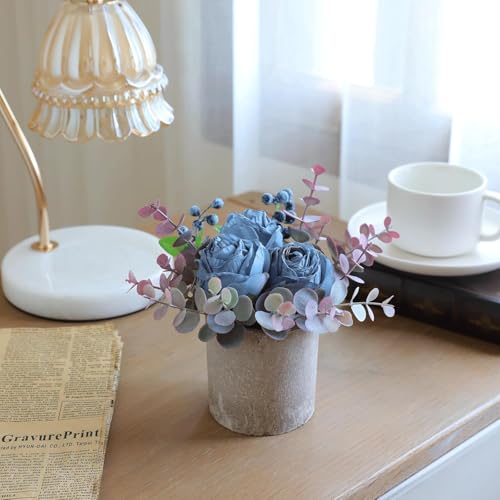 Artificial Burnt Blue Rose Potted Plant, 2 Pcs Mini Faux Decor - color: 2pcs Burnt Blue