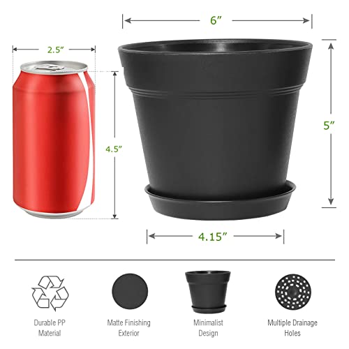WOUSIWER 16 Pack 6 inch Plastic Planters for Indoor Flower Pots, Heavy Duty and Stylish 6 Inch Plant Pots for Indoor Plants with Drainage Holes and Tray for Plants, Flowers, Black - color: Black