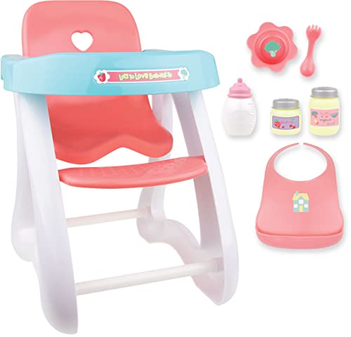 JC Toys - Doll High Chair | Fits Dolls up to 17" | Easy to Clean | Simple Assembly | 7 Piece Play Set| Ages 2+, Pink/Blue - color: Pink/Blue High Chair Set