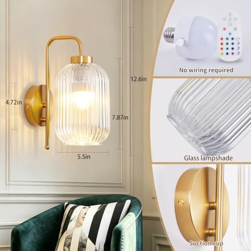 Vintage Battery Operated Wall Sconces, Clear Glass Lampshade - color: Gold-Clear Shade