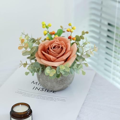 Small Artificial Orange Rose Potted Plant, 2 Pcs Mini Faux Decor - color: 2pcs Orange