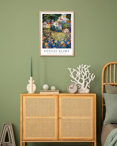 HesenDot Gustav Klimt Village Framed Wall Art, 12x16in Natural OAK Wood - color: Framed Gustav Klimt Landscape