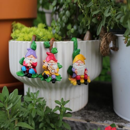 Set of 3 Cute Climbing Gnome Figurines Flower Pot Hugger, Resin Hanging Gnomes Statue Outdoor Decor Fence Ornaments for Patio Lawn Garden Yard (Music Gnome) - color: Music Gnome