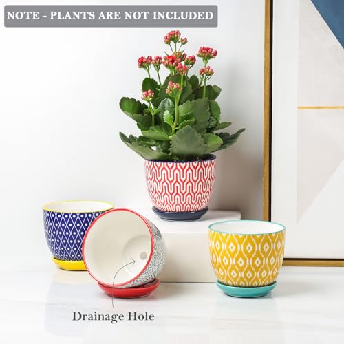 Selamica Ceramic Plant Pots, 4.6 Inch Flower Pots for Indoor Plants, Succulent Pots with Drainage Hole & Saucer, Succulent Planters for Succulent Cactus, Home Decor, Set of 4, Assorted Colors - color: Assorted Colors, size: 4.6 Inch, Set of 4