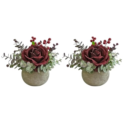 Small Artificial Burgundy Rose Potted Plant, 2 Pcs Mini Faux Decor - color: 2pcs Burgundy