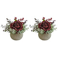 Small Artificial Burgundy Rose Potted Plant, 2 Pcs Mini Faux Decor - color: 2pcs Burgundy