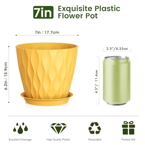 Meowell 7 inch Plant Pots for Indoor Outdoor Plants, 5 Pack Thick Nursery Pots with Drainage Holes and Saucers, 3D Modern Wave Texture Plastic Planter Pots for Flowers and House Plants, Multicolor - color: Colorful, size: 7 inch 5 pieces