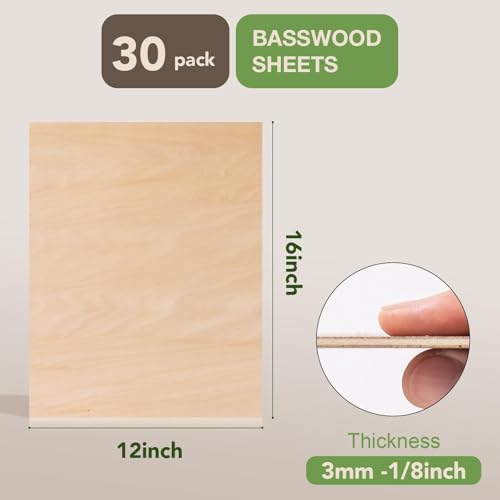 ROBOTIME 30-Pack Basswood Sheets 1/8" x 12" x 16" - Laser Engraving Blanks, 3mm Wood for Laser Cutting and Engraving - color: Basswood, size: 12"x16"x1/8"-30-Pack