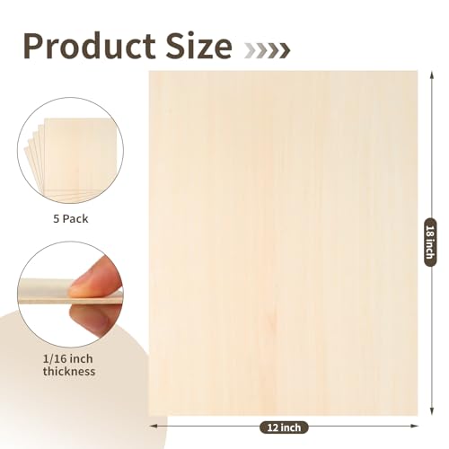 Balsa Wood, Plywood Sheet, Unfinished Basswood Blanks, 12×18×1/8 in, 5 Pcs - size: 5Pcs-12X18X1/16 Inch