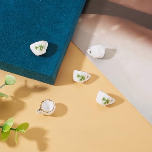 5Pcs Clover Pattern Handmade Porcelain Mini Teacup White Miniature Ceramics Tea Cups Cute Tiny Drink Beverage Dollhouse Kitchen Accessories for Necklaces Keychain Earring Jewelry Making - color: White With Clover