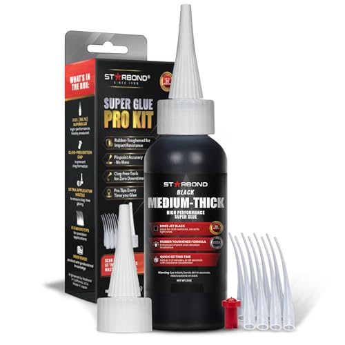STARBOND Black Medium-Thick CA Glue Pro Kit (2 oz) – Rubber-Toughened, Impact-Resistant Cyanoacrylate Super Glue – for Durable Knot Filling, Crack Repair, Woodworking, Guitar, Hobby & RC Projects - color: Black, size: 2 ounces