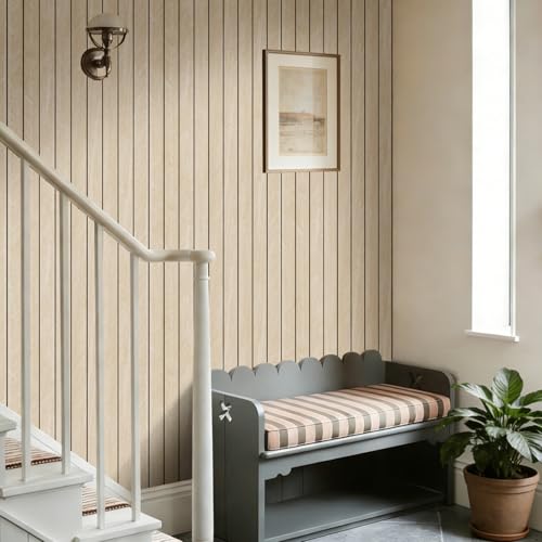 Arthome Peel and Stick Slat Wall Panels 15.7 "x240,Self-Adhesive PVC Wood Grain Wallpaper Panel,3D Thick Faux Soundproof Backsplash Accent Wall Tile for Walls & Furniture (Beige- Coverage 26 Sq.ft) - color: Beige, size: 15.7" x 240"