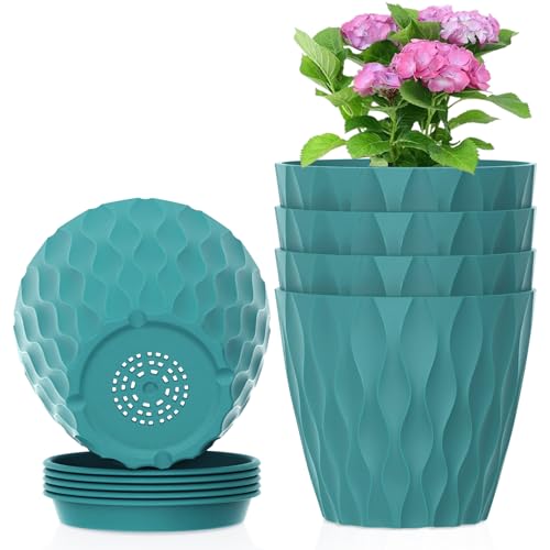 Meowell 6 inch Flower Pots, 5 Pack Plant Pots for Indoor Plants, Water Ripples Plastic Planters with Drainage Holes and Saucers, Nursery Pots for Small Succulent Garden House Plants, Blue Green - color: Blue Green, size: 6 inch 5 pieces