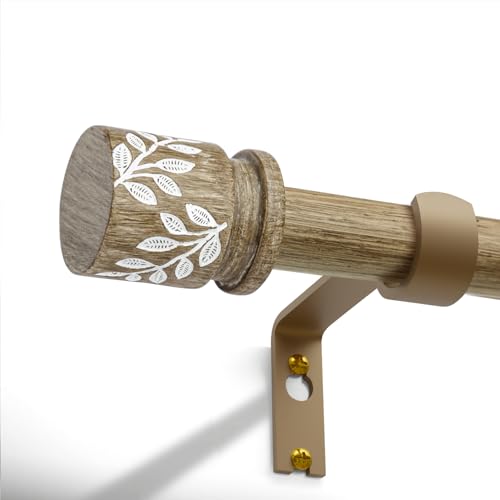 QDWIS Weathered Wood Curtain Rods for Windows 72 to 144 inch Boho Decorative Handmade Wood Grain Drapery Rods with Leaf Finial 1" Adjustable Heavy Duty Curtain rod for Living Room Bedroom Kitchen - color: Weathered Wood, size: 36'' - 150''(1 Pack)