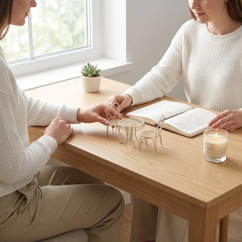 6 PCS Dollhouse Mini Bistro Table & Chairs Set with Resin Lemon Tea Set - color: Beige