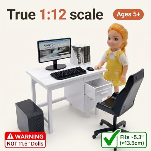 1:12 Scale Miniature Computer Desk & Chair Set – Dollhouse Office Furniture with Opening Drawers, Monitor, Keyboard, Mouse, PC Tower & Office Chair – Mini Workstation for Diorama, Roombox & Collectors - color: White Desk