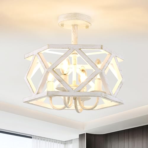 Antique White Semi Flush Mount Ceiling Light, Modern Foyer Lighting Fixture, 4-Light Metal Ceiling Lamp, Small Farmhouse Chandelier for Hallway Entryway Porch Bedroom Kitchen - color: White