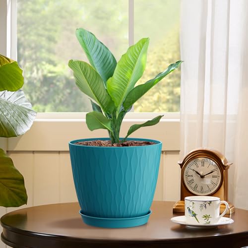 WSMKSZ 6 inch Plant Pots, 5 Pack Flower Pots with Drainage Holes and Saucers for Indoor Plants, Plastic Planters with Water Ripple for Small Garden House Plants, Nursery Pots for Succulent, Blue Green - color: Blue-green, size: 6inch 5pcs