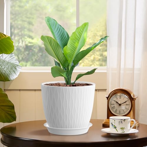 WSMKSZ 7 inch Plant Pots, 5 Pack Flower Pots with Drainage Holes and Saucers for Indoor Plants, Plastic Planters with Water Ripple for Small Garden House Plants, Nursery Pots for Succulent, White - color: White, size: 7inch 5pcs