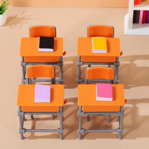 Toddmomy Dollhouse Desk and Chair Set 4 Miniature School Desks and 4 Chairs Mini House Furniture for Dollhouse School Model Classroom Decor Office Display Tiny Furniture Miniatures