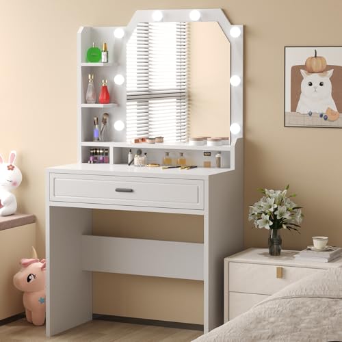 Makeup Vanity with Mirror with Lights for Girls White Lighted Vanity Desk Small Makeup Vanity Table Set with Storage Drawers 3 Lighting Modes & Adjustable Brightness - style: New White