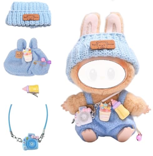 Clothes for LABUBU 17cm Doll (NO Doll),Outfit for LABUBU,Dress and Hairpin Set for LABUBU Dress Up,Accessories for LABUBU - color: Blue Bear