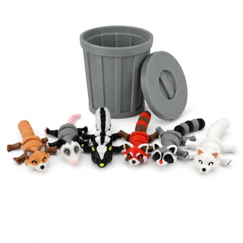 3D-Printed Woodland Animal Figurines, 8-Piece Articulated Raccoon, Fox, Skunk, Opossum, Red Panda and Arctic Fox Set with Gray Trash Can - color: Gray
