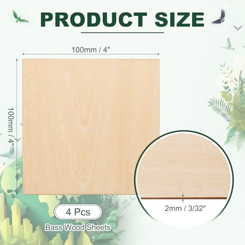 HARFINGTON 4pcs 2mm Basswood Plywood Sheet 4"x4"x3/32 Thin Plywood Board - size: 4"x4"x3/32"(2mm Thick)