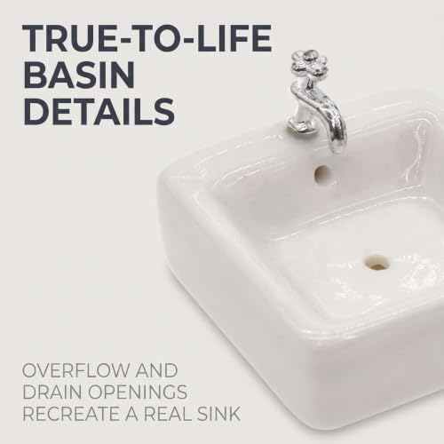 1:12 Scale Ceramic Sink with Removable Faucet - Miniature Dollhouse Bathroom and Kitchen Accessories for Victorian Style Decor, Realistic Doll House Furniture (Durable Resin Basin Set)
