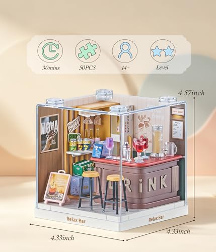 Relax Bar Super Miniature House Kit - DIY Plastic 3D Model Building Set for Teens, Build Your Own Mini Bar Scene with Dustproof Case, Creative Craft Gift for Girls Women - color: Relax Bar, size: Small