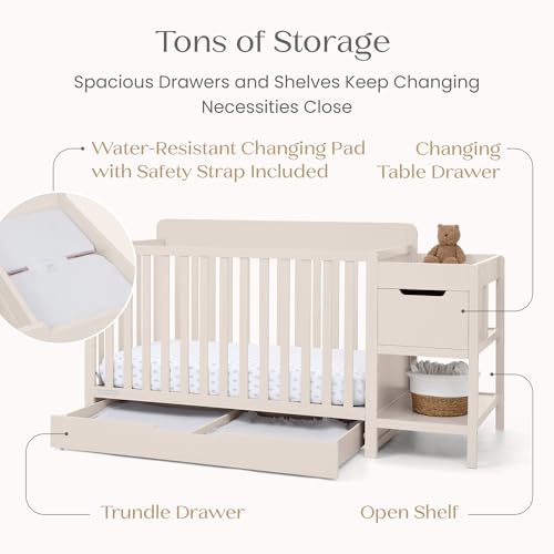 Delta Children Maya 5-in-1 Convertible Crib and Changer with Storage, Converts to Toddler Bed, Daybed, Sofa & Full Bed, Greenguard Gold Certified, 3 Mattress Heights for Baby, Soft Beige - color: Soft Beige