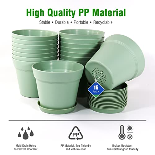 WOUSIWER 16 Pack 6 inch Plastic Planters, Plastic Indoor Planter Flower Pots, Heavy Duty and Stylish 6 Inch Plant Pots for Indoor Plants with Drainage Holes and Tray for Plants Flowers, Green - color: Green
