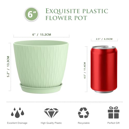 WSMKSZ 6 inch Plant Pots, 5 Pack Flower Pots with Drainage Holes and Saucers for Indoor Plants, Plastic Planters with Water Ripple for Small Garden House Plants, Nursery Pots for Succulent, Green - color: Green, size: 6inch 5pcs
