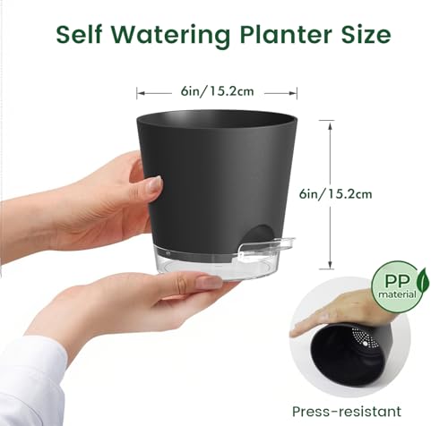 Meowell 6 inch Self Watering Pots for Indoor Outdoor Plants, 6 Pack Flower Plant Pots with Drainage Holes and Clear Reservoirs, Visible Water Level, Plastic Planters with Wicking Rope, Black - color: Black, size: 6in 6pcs