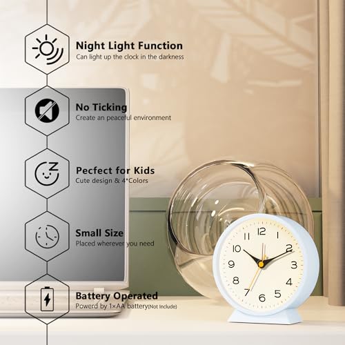 AYRELY® 4.5" Analog Alarm Clock, Small Retro Desk Clock and Table Clock - color: Light Blue