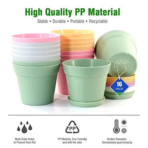 WOUSIWER 16 Pack 6 inch Plastic Planters, Indoor Flower Pots, Heavy Duty and Stylish 6 Inch Plant Pots for Indoor Plants with Drainage Holes and Tray for Plants, Flowers, Colorful - color: Colorful