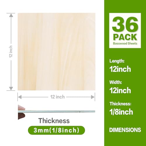 Basswood Sheets 12"x12"x1/8",3mm Basswood for Laser Cutting,Thin Plywood Board Unfinished Wood for Crafts, DIY Architectural Models Making, Wood Engraving (12inchx12inch-1/8-36Packs) - size: 12inchx12inch-1/8-36Packs