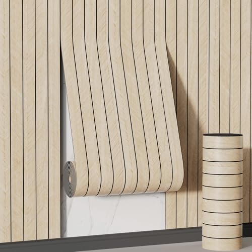 Arthome Peel and Stick Slat Wall Panels 15.7 "x400,Self-Adhesive PVC Wood Grain Wallpaper Panel,3D Thick Faux Soundproof Backsplash Accent Wall Tile for Walls & Furniture (Beige- Coverage 43.6 Sq.ft) - color: Beige, size: 15.7" x 400"