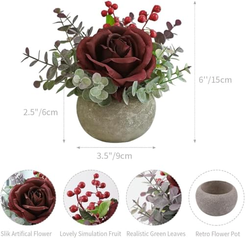 Small Artificial Burgundy Rose Potted Plant, 2 Pcs Mini Faux Decor - color: 2pcs Burgundy