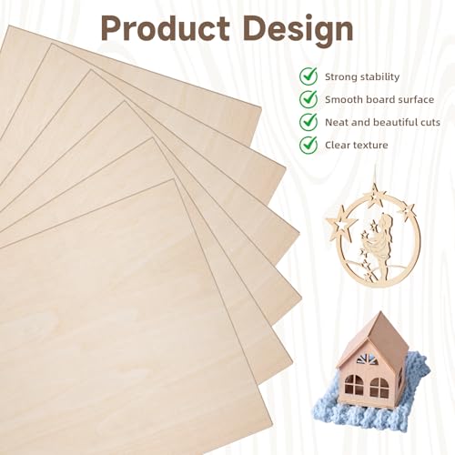 6 Pack Basswood Sheets 1/8, 12"x8" Basswood Plywood, 3mm Laser Engraving Blanks Unfinished Wood Crafts, Craft Supplies & Materials for DIY Ornaments, Model Engraving, Drawing